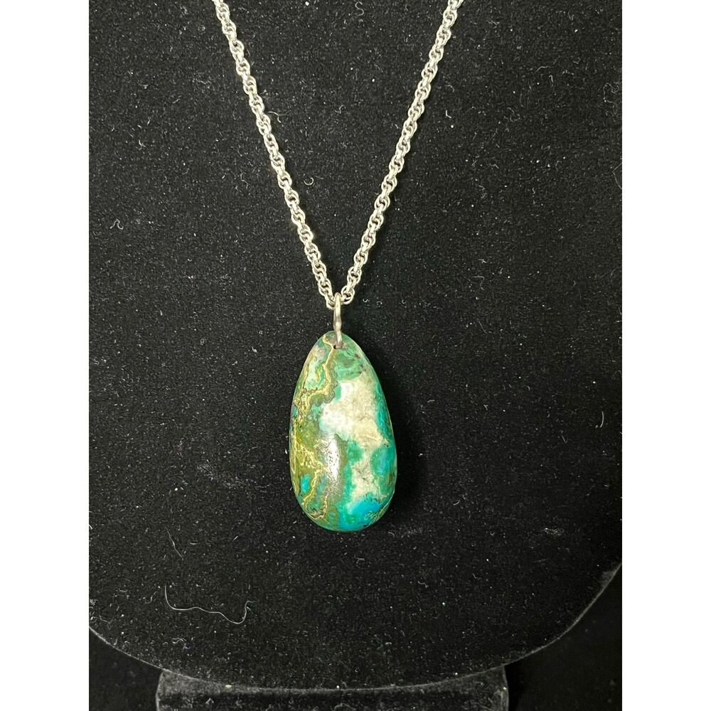 Vintage Sterling Silver Chrysocolla and Malachite Pendant Necklace 1718